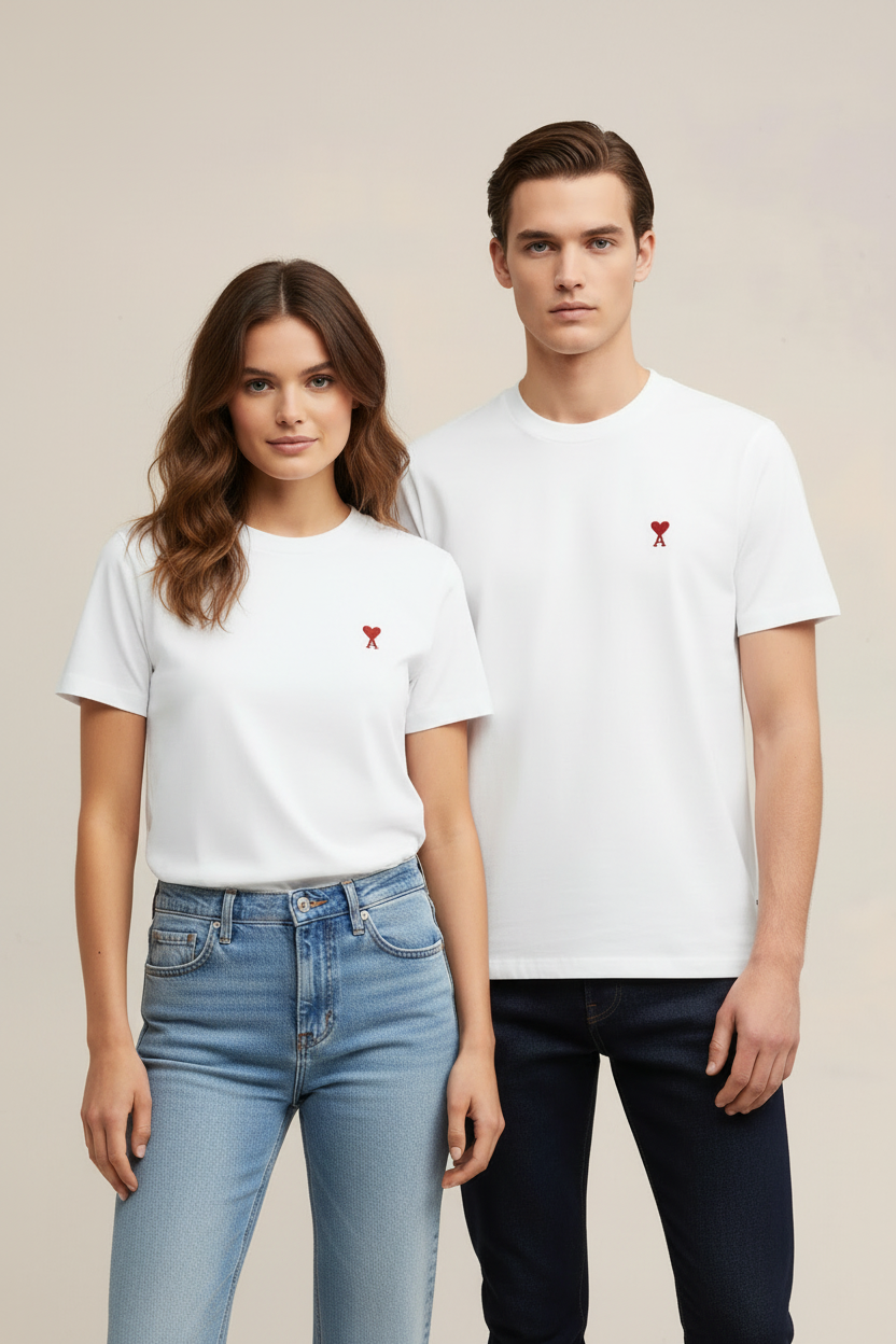 Couple wearing white t-shirts with red heart logo