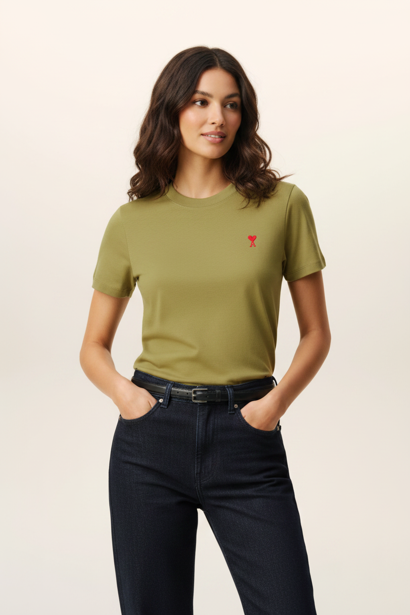 Different woman in olive green t-shirt with red heart-A logo