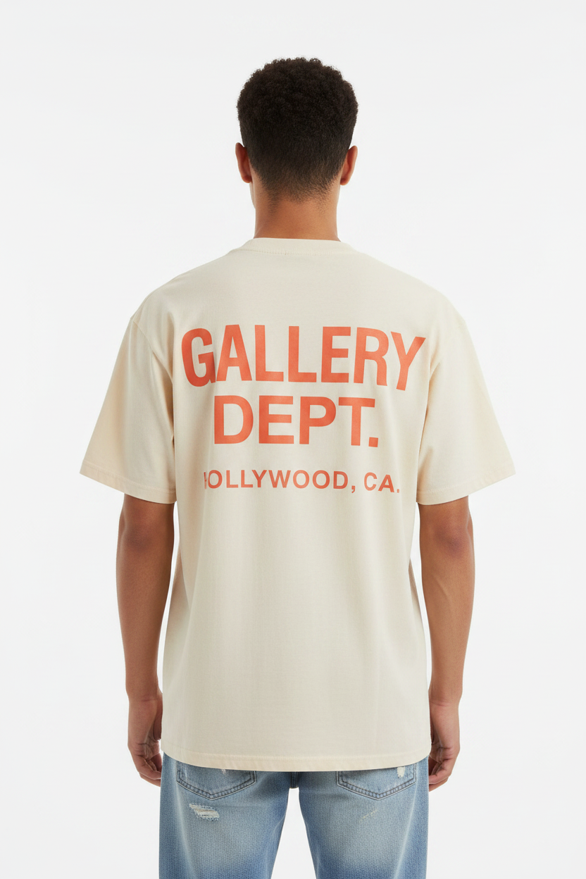 Gallery Dept. Cream Tee - Men's Back View Orange Letters