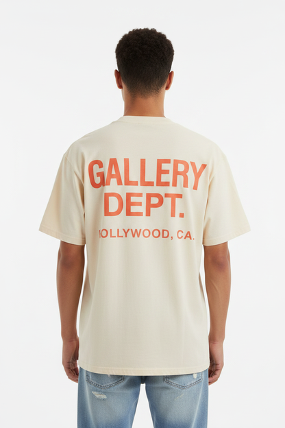 Gallery Dept. Cream Tee - Men's Back View Orange Letters