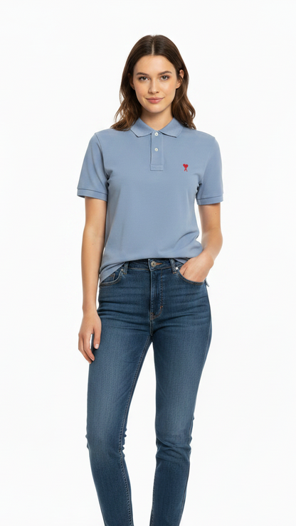 Woman wearing blue polo
